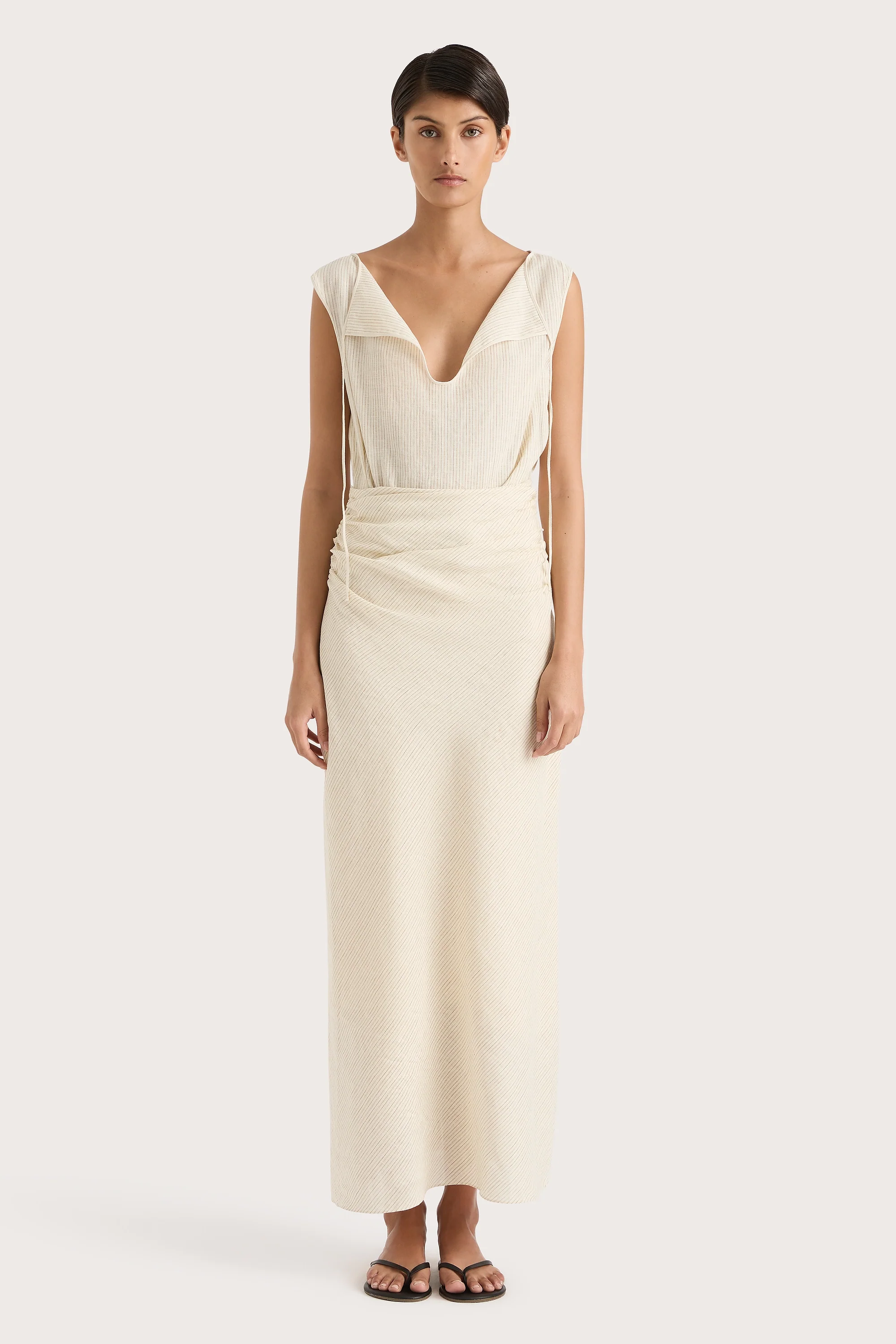 Aveline Dress Beige Pinstripe - Final Sale