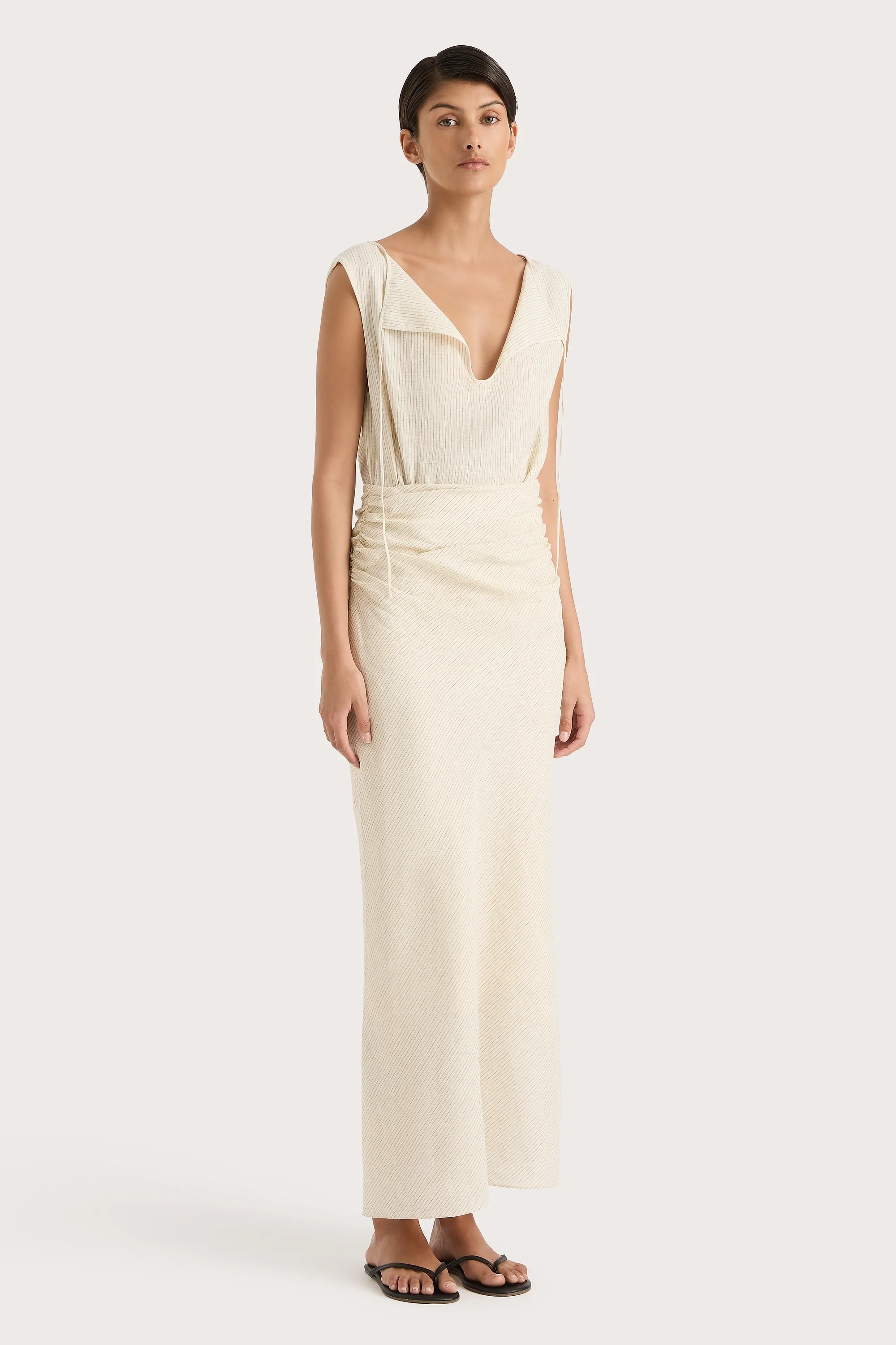 Aveline Dress Beige Pinstripe - Final Sale - Image 2