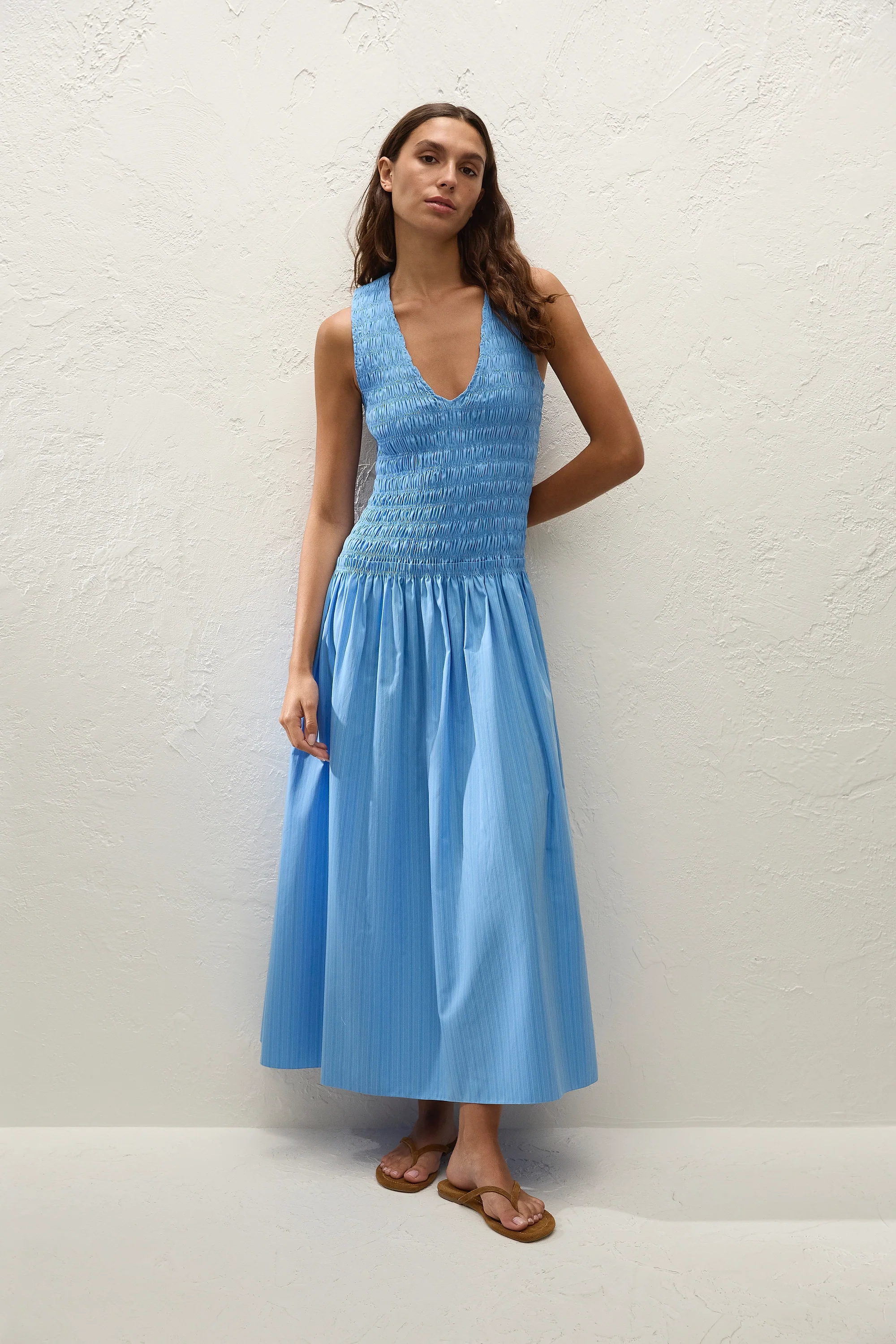 Palomar Midi Dress Mico Pinstripe Azul
